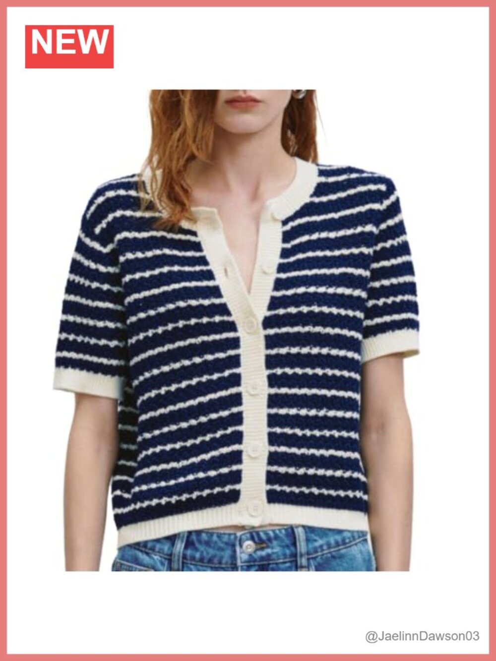 Women's Short Sleeve Striped Knit Cardigan Button Down Cropped Crew Neck Sweater